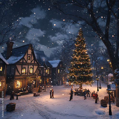 Enchanting Winter Village Scene with Snowfall, twinkling Christmas Lights, a Decorated Tree, and Joyful People Celebrating the Holiday Season at Night