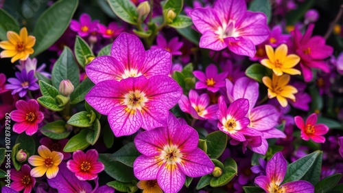 Vibrant purple flower petals and leaves background with soft focus, garden, flora, texture