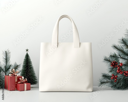 Elegant White Tote Bag with Holiday Gifts and Decorative Trees in Winter Setting : Generative AI