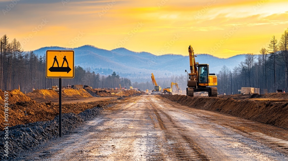 Road Construction Site at Sunset Heavy Machinery Detour Sign Road Construction Site at Sunset Heavy Machinery Detour Sign