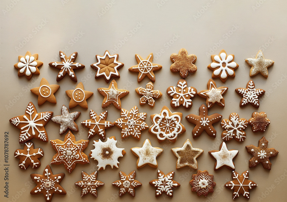 Fototapeta premium Christmas snowflake-shaped gingerbread cookies, cookie layout, top view. Close-up of patterned gingerbread cookies. New Year's treat, baking. Sweets as a gift for the New Year