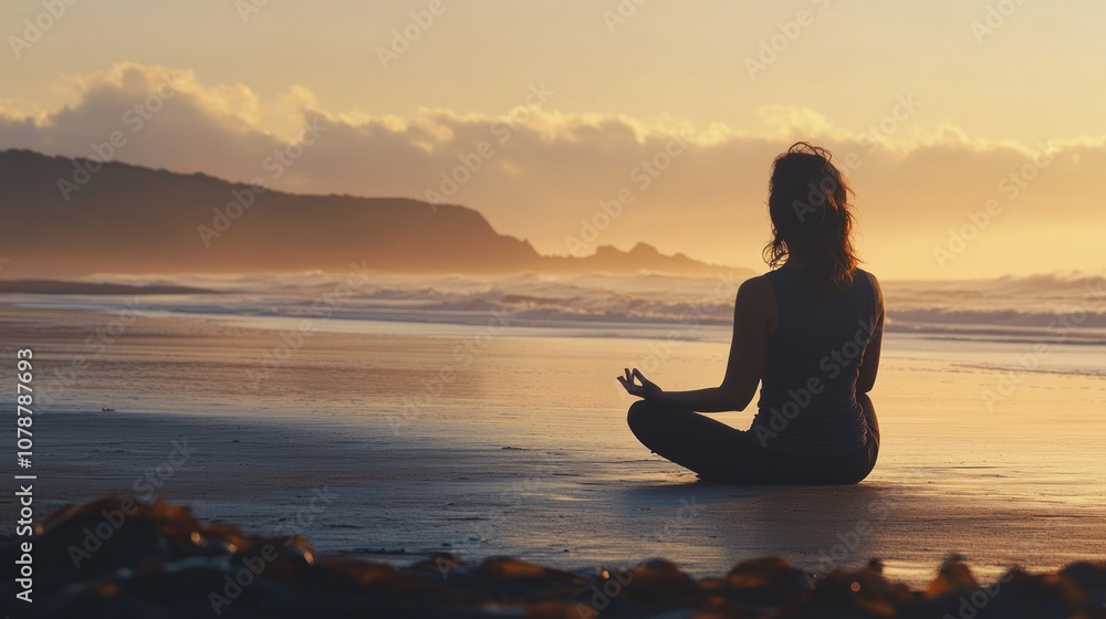 Silhouette of a Woman Meditating on the Beach at Sunset Silhouette of a Woman Meditating on the Beach at Sunset