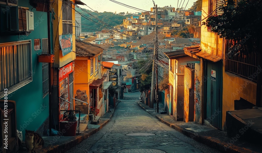 Fototapeta premium AI generator image of street road with a lot of houses Golden hour sun lighting.