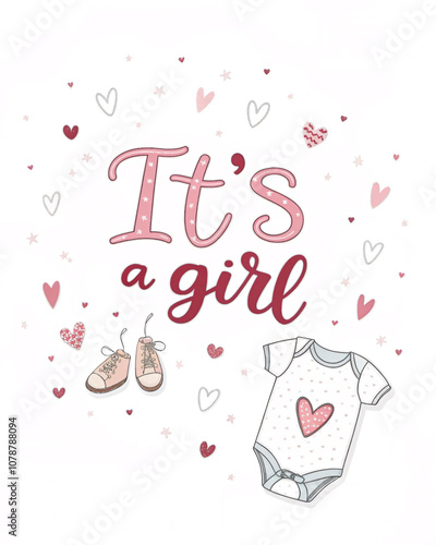 Playful 'It's a Girl' Invitation Card with Heart Decorations