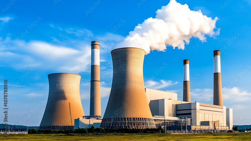 Nuclear Power Plant with Smoke Rising in Blue Sky Nuclear Power Plant with Smoke Rising in Blue Sky