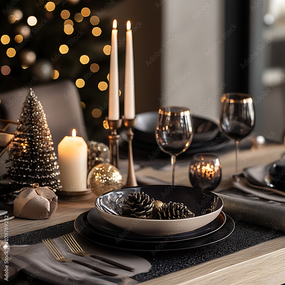 Elegant Holiday Table Setting with Candles, Glassware, and Decorated Christmas Tree in the Background, Perfect for Festive Celebrations and Gatherings Elegant Holiday Table Setting with Candles, Glassware, and Decorated Christmas Tree in the Background, Perfect for Festive Celebrations and Gatherings