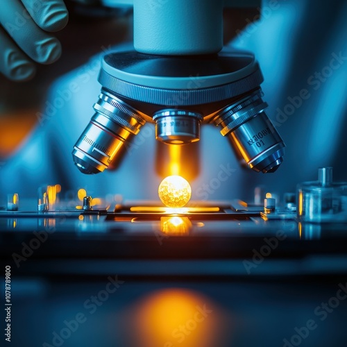 Close-up view of a microscope revealing intricate details of a specimen under observation with bright illumination. photo