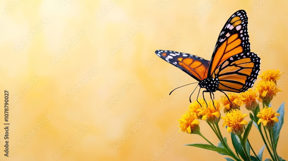 Monarch Butterfly on Yellow Flowers Spring Nature Background Monarch Butterfly on Yellow Flowers Spring Nature Background