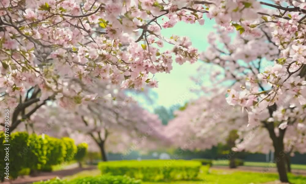 Sakura blossom, shooting of blooming trees from a height. Park with blooming cherry trees. Spring and April concept. Sakura blossom, shooting of blooming trees from a height. Park with blooming cherry trees. Spring and April concept.