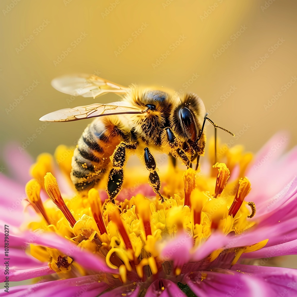 Macro Close-Up of a Bee Gathering Pollen on a Vibrant Flower Macro Close-Up of a Bee Gathering Pollen on a Vibrant Flower