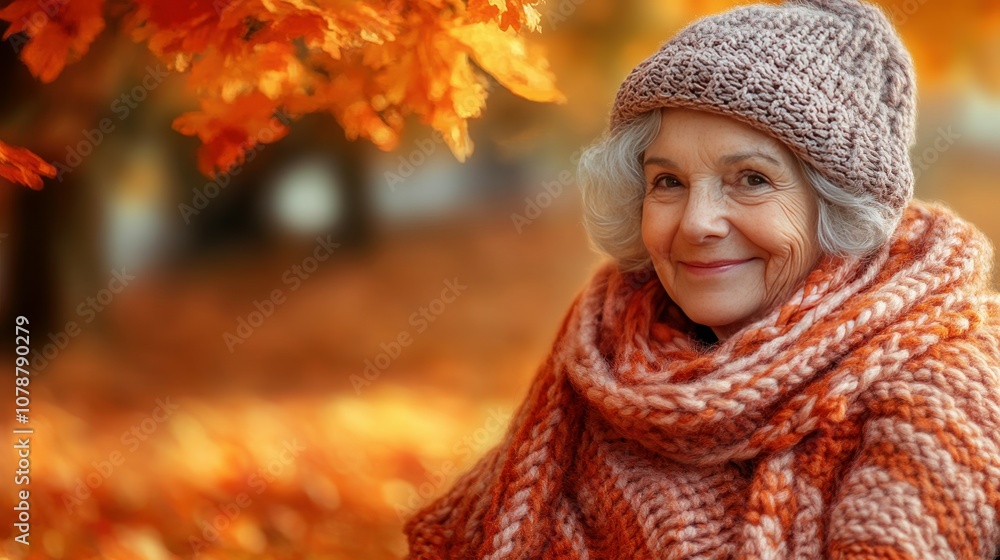 A woman wearing a hat and a scarf is sitting in the fall. She is smiling and looking at the camera A woman wearing a hat and a scarf is sitting in the fall. She is smiling and looking at the camera