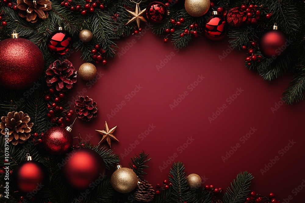 Traditional Festive Christmas Background with Ornaments Cones and Berries on Red Backdrop : Generative AI Traditional Festive Christmas Background with Ornaments Cones and Berries on Red Backdrop : Generative AI