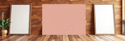 Empty photo frame lying on a wooden floor mockup, blank, vintage, mockup