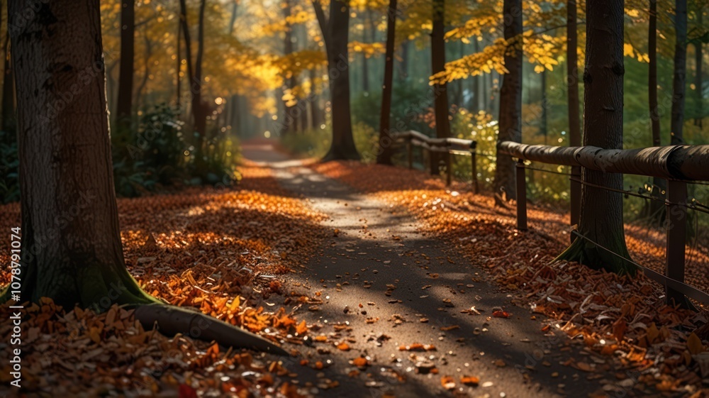 A path through an autumnal forest, with sunlight dappling the fallen leaves. A path through an autumnal forest, with sunlight dappling the fallen leaves.