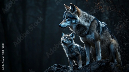 shadowy forest setting adult wolf and she wolf protectively watch their playful cub highlighting intimate family connection amidst natures mystery. photo