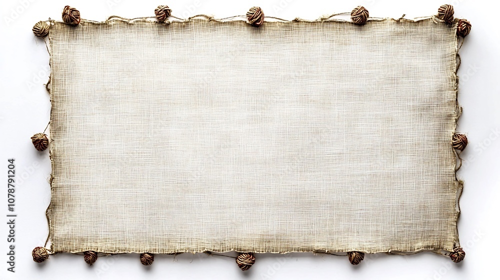 Fototapeta premium Blank Vintage Inspired Linen Fabric Sign with Embroidered Floral Border on White Background