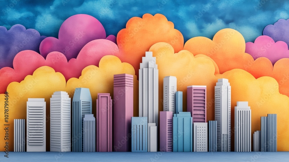 Colorful Cityscape Skyline with Paper Clouds Modern Urban Illustration Colorful Cityscape Skyline with Paper Clouds Modern Urban Illustration