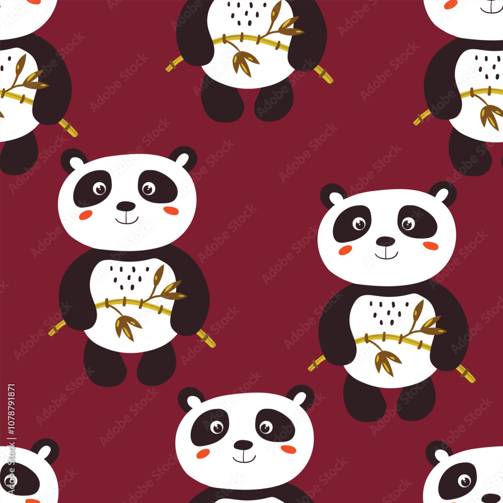 Seamless pattern with cute panda baby on color background. Funny asian animals. Card, postcards for kids. Flat vector illustration for fabric, textile, wallpaper, poster, gift wrapping paper Seamless pattern with cute panda baby on color background. Funny asian animals. Card, postcards for kids. Flat vector illustration for fabric, textile, wallpaper, poster, gift wrapping paper