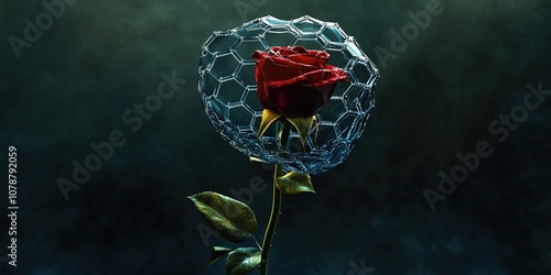 Abstract Marketing Background Featuring a Rose Flower Covered with a Honeycomb-Style Blue Transparent Shield. This Design Showcases Minimalism and Advanced Technology Elements, Highlighting Realism an