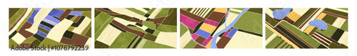 Agriculture fields from top. Farm land, patchwork landscape, aerial view. Farmland patterns set, country rural nature textures from above. Paddy countryside backgrounds. Flat vector illustrations