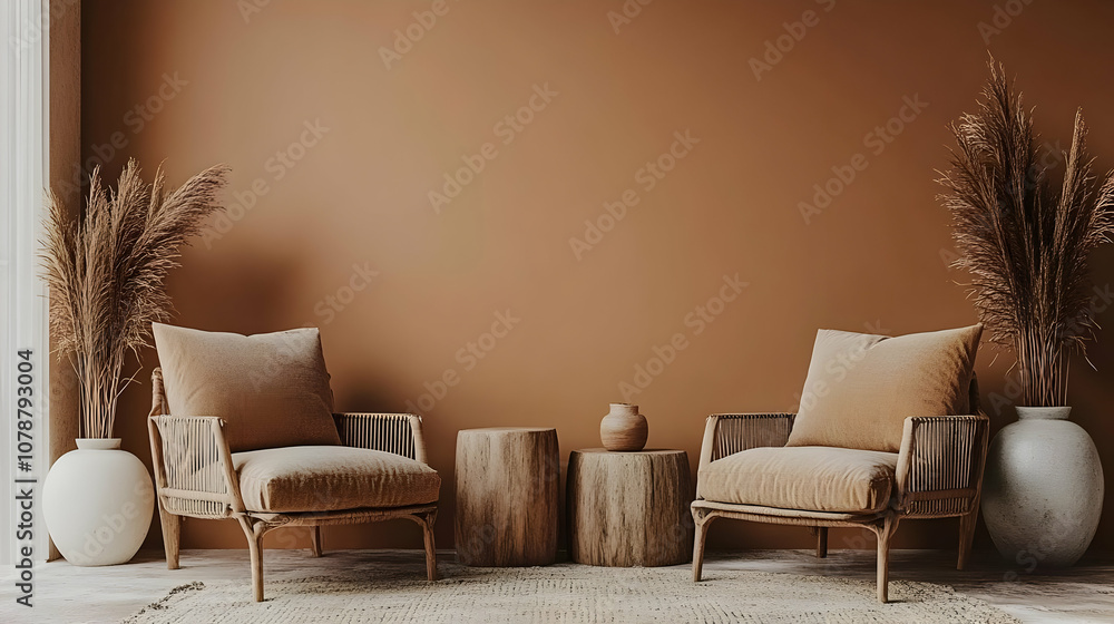 Two Beige Armchairs with Cushions and Wooden Bases Sitting on a Rug in Front of a Brown Wall with Two Vases with Dried Grass Two Beige Armchairs with Cushions and Wooden Bases Sitting on a Rug in Front of a Brown Wall with Two Vases with Dried Grass