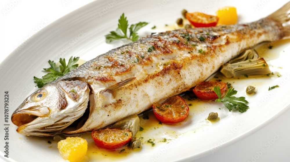 Deliciously Grilled Fish with Fresh Vegetables on a White Plate Deliciously Grilled Fish with Fresh Vegetables on a White Plate