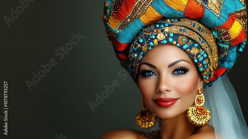 A woman wearing a colorful head wrap and gold earrings. She has a bright smile on her face