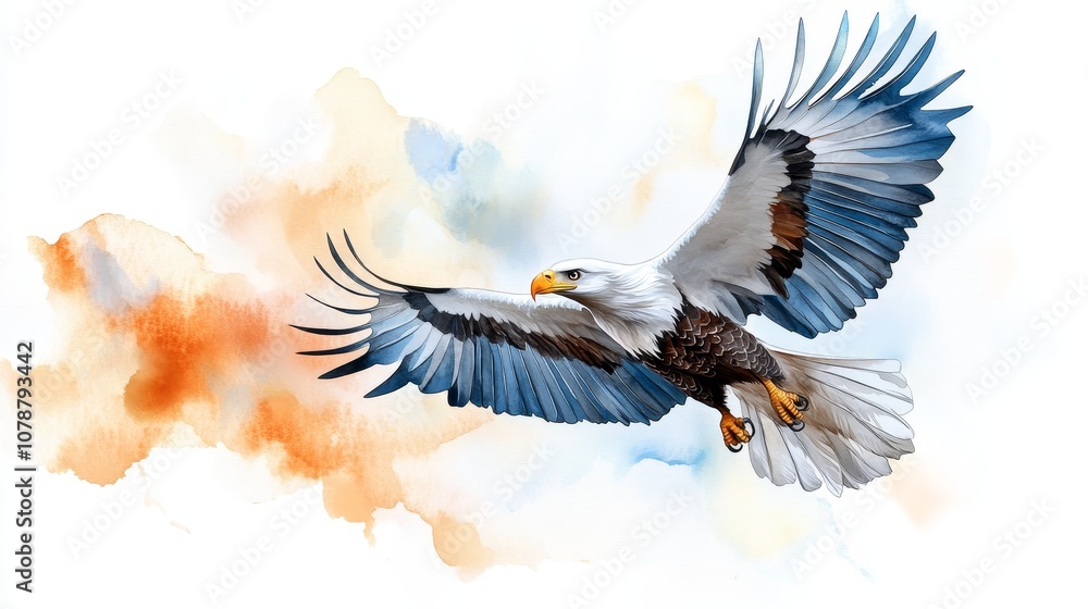 Fototapeta premium Majestic Bald Eagle in Flight Watercolor Painting Wildlife Art Nature Image
