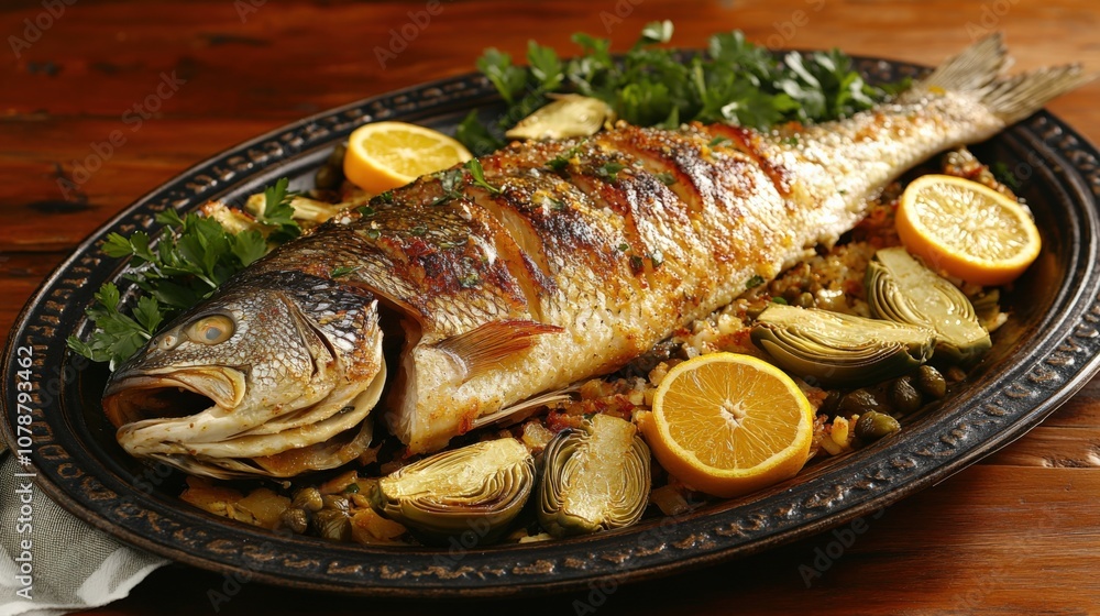 Gourmet Baked Fish Platter with Fresh Herbs and Citrus Slices Gourmet Baked Fish Platter with Fresh Herbs and Citrus Slices