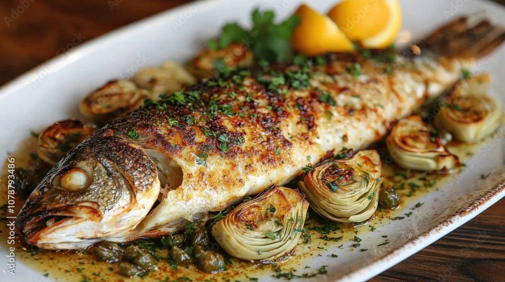 Delicious Baked Fish with Artichokes and Lemon Garnish Delicious Baked Fish with Artichokes and Lemon Garnish