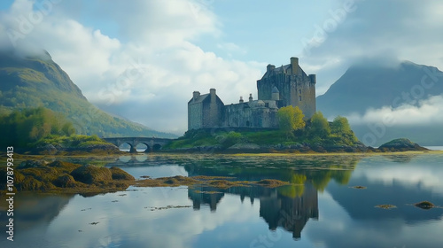 Historic Castle with Reflection on Lake Amidst Misty Mountains.