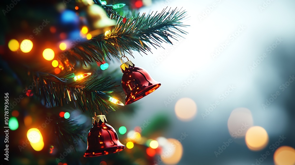 Vibrant Red Christmas Bells Hanging on Illuminated Christmas Tree : Generative AI Vibrant Red Christmas Bells Hanging on Illuminated Christmas Tree : Generative AI