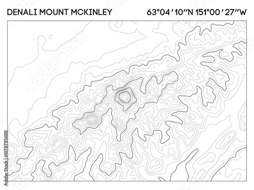 Topographic map of Denali Mount McKinley with elevation contours and geographic coordinates. Topographic map vector.