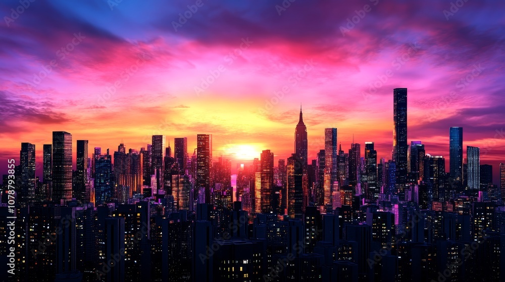 Vibrant City Skyline Sunset Urban Landscape Panorama Vibrant City Skyline Sunset Urban Landscape Panorama