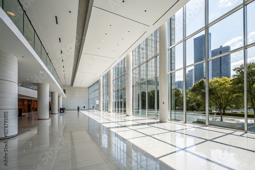 Modern Minimalist Building Interior Space Featuring White Floors and Sleek Architectural Lines, Emphasizing Natural Light and Open Areas for a Serene Atmosphere