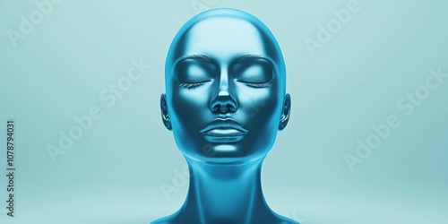 Abstract Marketing Background Featuring a Human Face Mask Mold for Skincare Beauty Salon. This Design Showcases a Transparent Blue Skincare Mask with a Light Blue Background, Highlighting Minimalism, 