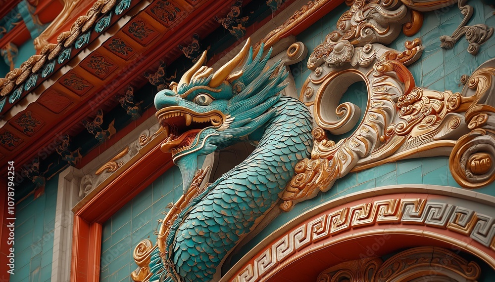 Fototapeta premium AI generator image of green red and gold dragon,chinese dragon contemporary residential building being painted by workers,construction craftsman painting and creating a sculpture. beautiful dragon
