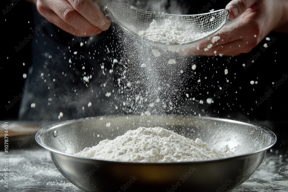 Chef Sprinkling Flour Through Sieve in Freeze Motion – Culinary Art in Action Chef Sprinkling Flour Through Sieve in Freeze Motion – Culinary Art in Action
