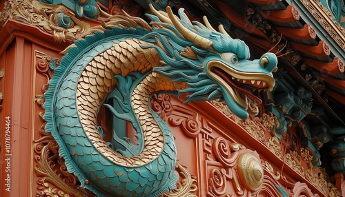 Wallpaper Mural AI generator image of green red and gold dragon,chinese dragon contemporary residential building being painted by workers,construction craftsman painting and creating a sculpture. beautiful dragon Torontodigital.ca