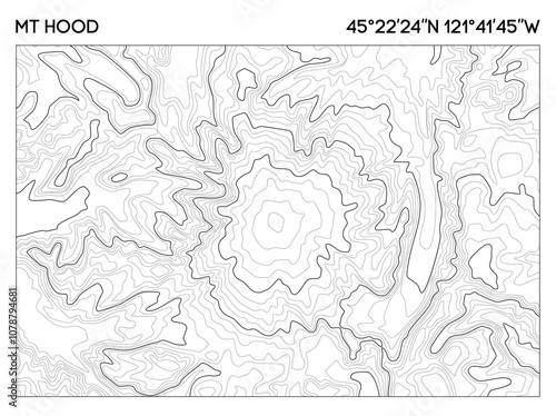Contour map of Mt Hood featuring detailed elevation lines and geographic coordinates. Topographic map vector.