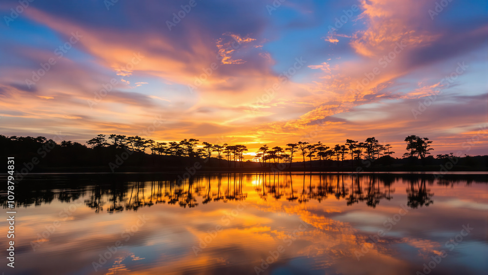 Obraz premium A tranquil lakeside at sunset with silhouettes of trees along the shoreline.