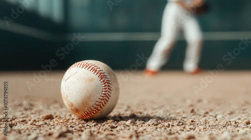 close up of baseball resting on dirt, with blurred player in background, capturing essence of game. scene evokes excitement and anticipation