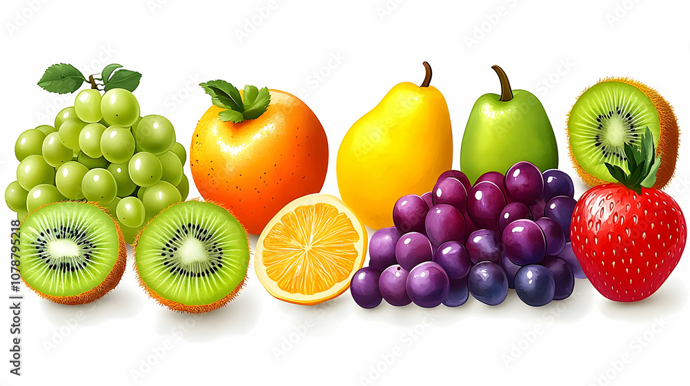 Colorful Fruit Arrangement with Green Grapes, Yellow Pear, Green Pear, Kiwi, Orange, Persimmon, and Red Strawberry on White Background Colorful Fruit Arrangement with Green Grapes, Yellow Pear, Green Pear, Kiwi, Orange, Persimmon, and Red Strawberry on White Background