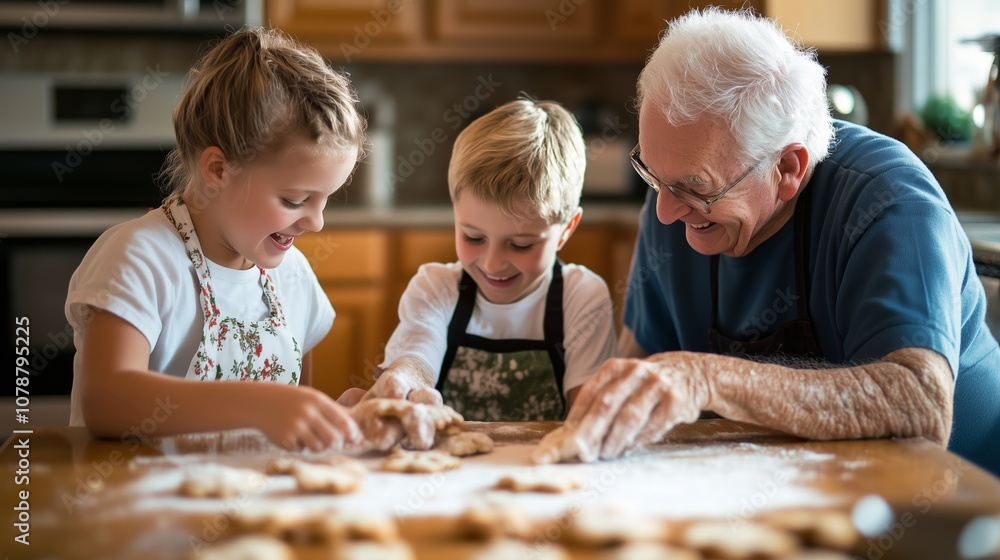 A grandfather and his grandchildren are baking in the kitchen, with smiles on their faces as they work together A grandfather and his grandchildren are baking in the kitchen, with smiles on their faces as they work together