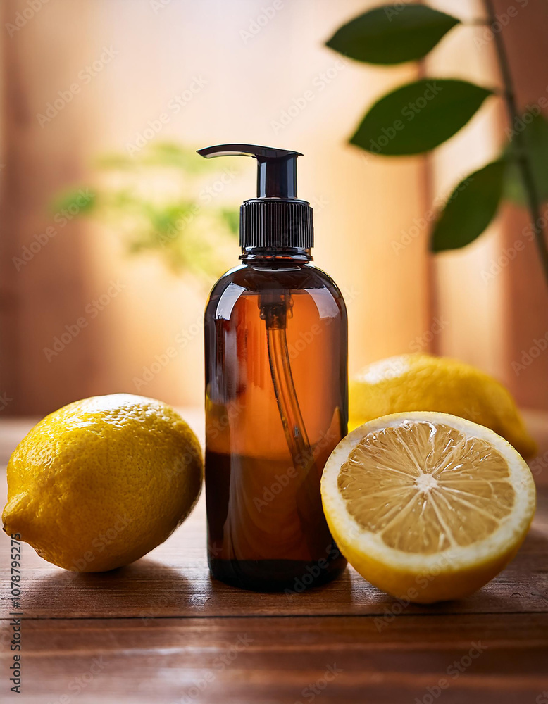Brown cosmetic bottle and fresh lemon. Beauty product. Natural essence. Skincare routine concept Brown cosmetic bottle and fresh lemon. Beauty product. Natural essence. Skincare routine concept