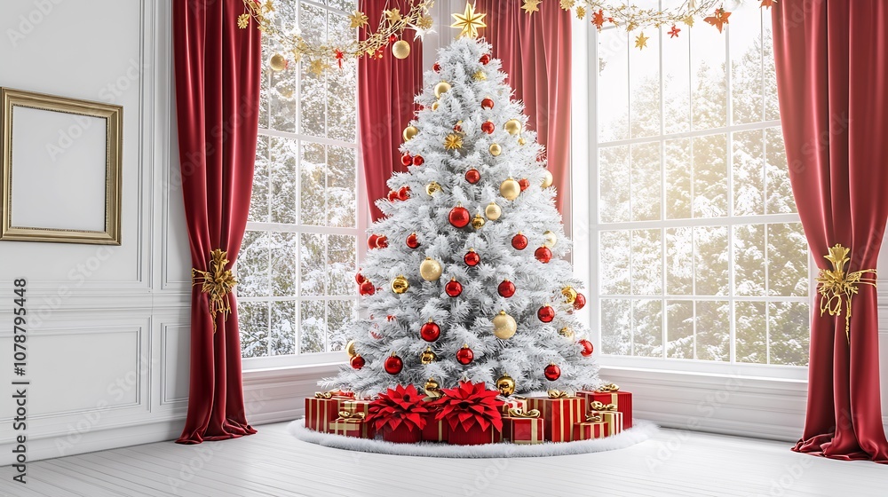 Elegant Christmas Scene with White Tree Red Ornaments and Gifts by the Window : Generative AI Elegant Christmas Scene with White Tree Red Ornaments and Gifts by the Window : Generative AI