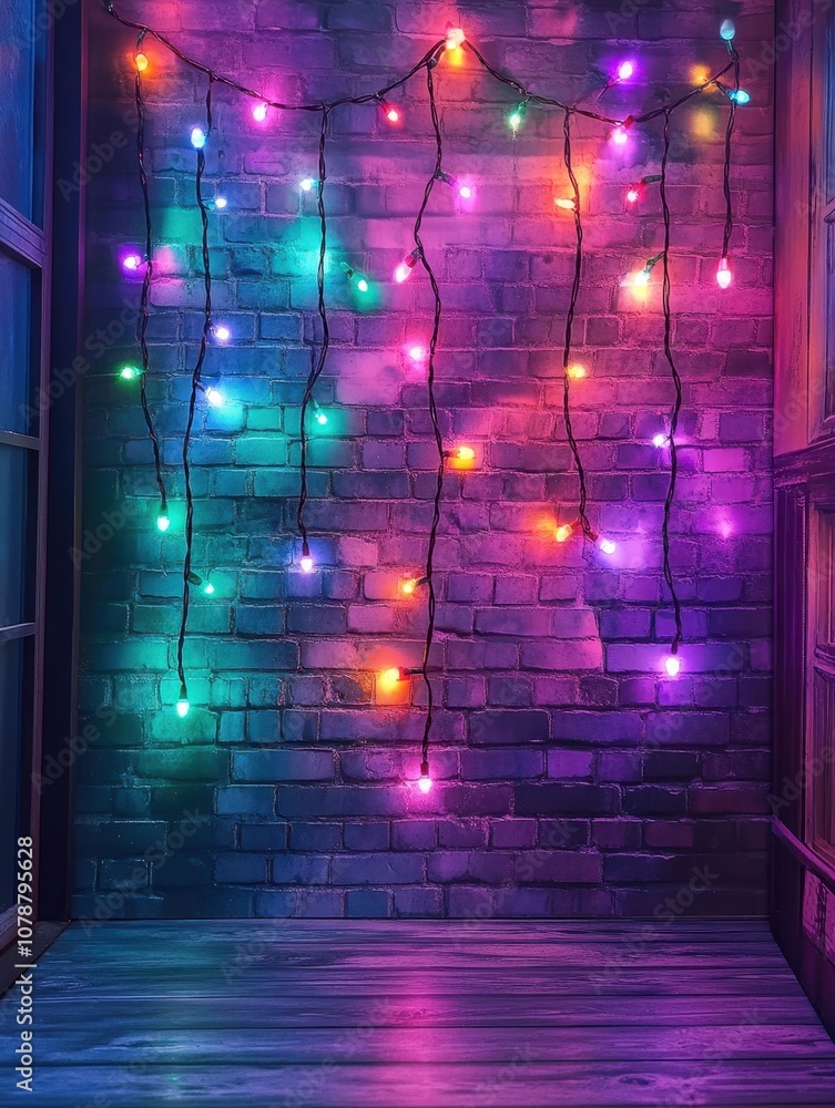 A vibrant backdrop features colorful string lights illuminating a brick wall, creating an inviting and festive atmosphere. A vibrant backdrop features colorful string lights illuminating a brick wall, creating an inviting and festive atmosphere.