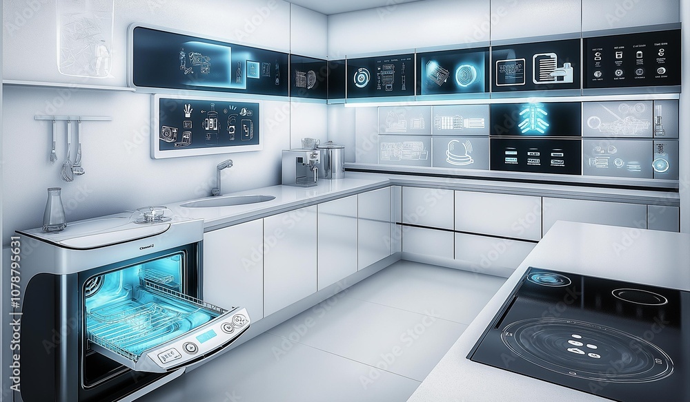 AI generator image of futuristic dish washer in a modern kitchen, smart home with robotic appliances, featuring an AI-powered kitchen and living room area. walls display interactive screens display AI generator image of futuristic dish washer in a modern kitchen, smart home with robotic appliances, featuring an AI-powered kitchen and living room area. walls display interactive screens display