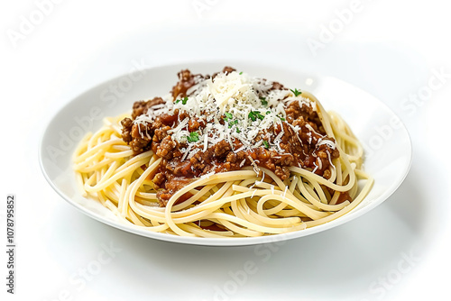 Authentic spaghetti bolognese topped with grated Parmesan cheese on white background. Italian food concept