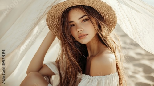 A young woman in a straw hat and white dress, posing under a sheer fabric on a beach.